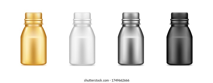 Mockup de plástico blanco, negro, dorado, plateado aislado de fondo. Diseño de empaque. Maqueta de botella de deporte o alimentación, asistencia sanitaria o medicina en blanco. 3.ª ilustración vectorial realista