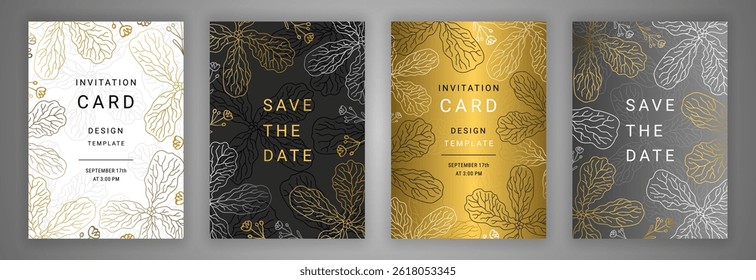Preto, ouro, prata e branco Salve os cartões Date. Elegante linha arte Matthiola brota fundo. Flor violeta Ilustração botânica. EPS 10 convite de casamento vetor conjunto de modelo de design floral.