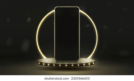 A black and gold smartphone on a 3D podium with glowing lamps. Platform with a bright neon gold frame.