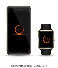 Black gold smartphone and smart watch vector realistic object. Mockups smart object vector.