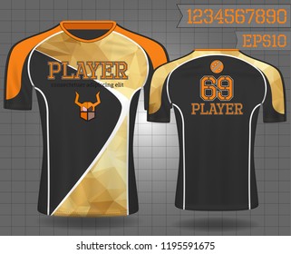black and gold sport wear protection equipment vector illustration.layout football sport t-shirt design. Template front, back view. Soccer kit national team shirt mock up and number for edit.

