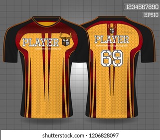 black and gold sport wear protection equipment vector illustration.layout football sport t-shirt design. Template front, back view. Soccer kit national team shirt mock up and number for edit.
