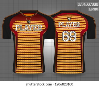 black and gold sport wear protection equipment vector illustration.layout football sport t-shirt design. Template front, back view. Soccer kit national team shirt mock up and number for edit.
