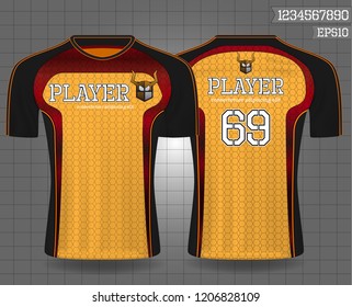 black and gold sport wear protection equipment vector illustration.layout football sport t-shirt design. Template front, back view. Soccer kit national team shirt mock up and number for edit.
