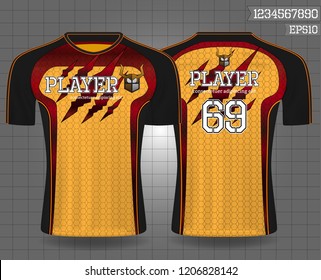 black and gold sport wear protection equipment vector illustration.layout football sport t-shirt design. Template front, back view. Soccer kit national team shirt mock up and number for edit.
