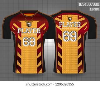 black and gold sport wear protection equipment vector illustration.layout football sport t-shirt design. Template front, back view. Soccer kit national team shirt mock up and number for edit.
