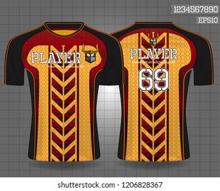 black and gold sport wear protection equipment vector illustration.layout football sport t-shirt design. Template front, back view. Soccer kit national team shirt mock up and number for edit.
