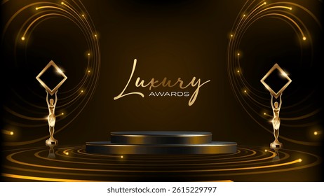 Black and Gold Stage Award Background. Creative Concept Template. Classy Premium Wedding Card. Grand Luxury Decorative Banner for Wedding and Birthday. Premium Congratulations Card. Event Invitation.