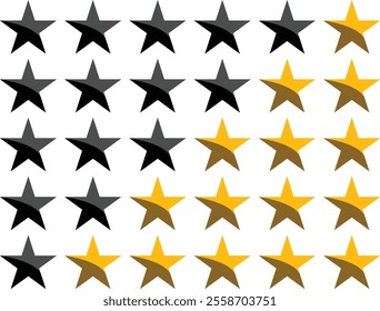 "Black and gold star rating icons, featuring various combinations of star outlines, half stars, and filled stars, ideal for user reviews, ratings, and design elements."