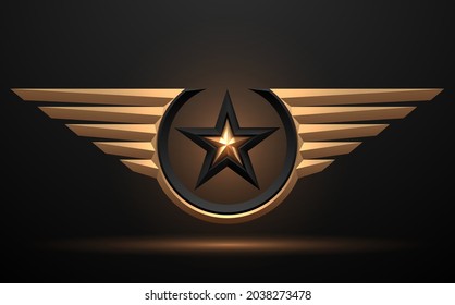 Black and gold star with wings on black background