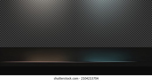Black gold steel countertop, empty shelf. Vector realistic mockup of table top, kitchen counter on transparent background with spot light. Bar desk surface in foreground