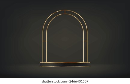 Schwarz und Gold Studio Raum Hintergrund. Abstrakter 3D-Studioraum mit Podest. Platz für den Verkauf von Produkten auf der Website. Vektorillustration.