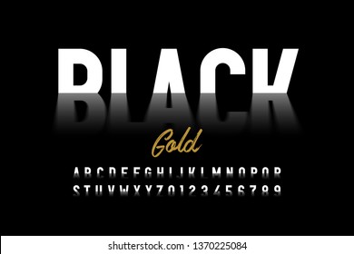 Black gold style font, crude oil alphabet letters and numbers vector illustration