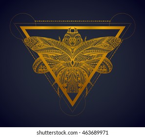 Black and gold stylized scarab, coloring book page. Golden Doodle ethnic bug, geometrical pattern. African, egyptian totem. Sketch Tattoo design, mystic magic symbol. Hand drawn vector illustration.