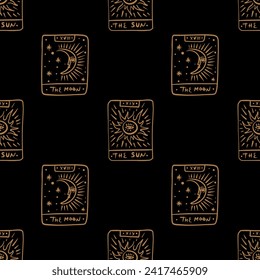 Black gold The Sun and The Moon seamless pattern. Tarot logo or label, magic cards reader, hand-drawn sketch brush simple minimal print for magical esoteric souvenirs. Witchy female hand drawn magic