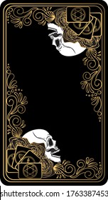 Black and gold tarot cards. The reverse side. Tarot deck. Vector hand drawn illustration with skulls, occult, mystical and esoteric symbols.