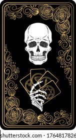 Black and gold tarot cards. The reverse side. Tarot deck. Vector hand drawn illustration with skulls, occult, mystical and esoteric symbols.