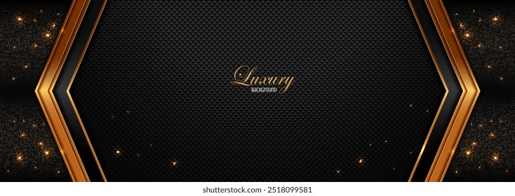 Schwarz-Gold-Technologie Linie Formen Hintergrund mit Lichteffekt, Luxus-Farbverlauf-Design, horizontale Größe, moderne Frame-Banner, Marketing Premium Illustrationen.