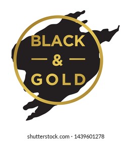 black and gold text inside gold circle frame with black background, vector