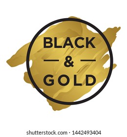 black and gold text inside black circle frame with gold background, vector