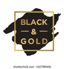 black and gold text inside gold  square frame with black background, vector