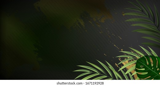 Black and gold texture card. Exotic botany for cosmetics, spa, perfume, health care products, aroma, tourist agency, summer party invitation. Geometric frame. Grunge texture. Brochure, cover template.