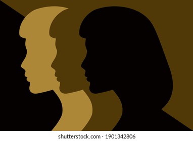 Black and Gold Three Women in Silhouette. Side view. Colorless vector illustration