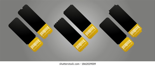 Black and gold ticket. Vector ticket isolated on white background. Cinema, theater, concert, play, party, event, festival.