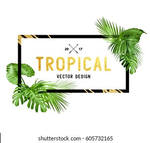 Black and gold tropical border frame design with various plam leaves. Vector illustration