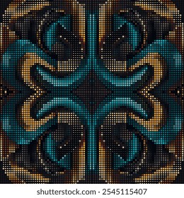 Black gold turquoise halftone squares pixel art textured 3d mosaic seamless pattern. Modern half tone grunge background. Beautiful abstract pixelated half tone ornaments. Endless digital texture.