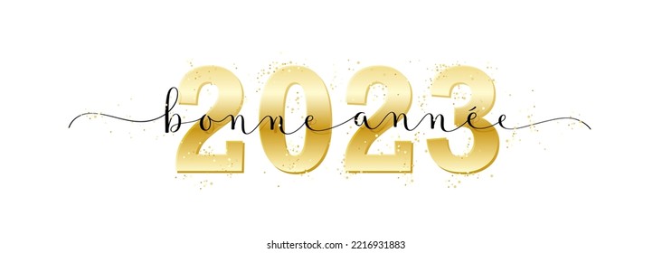 Black and gold vector BONNE ANNEE 2023 brush calligraphy banner (HAPPY NEW YEAR 2023 in French) with confetti