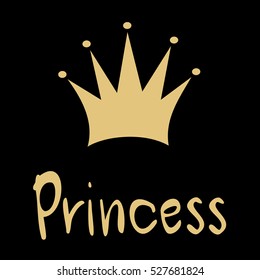 black gold vector card with hand drawn crown and princess word