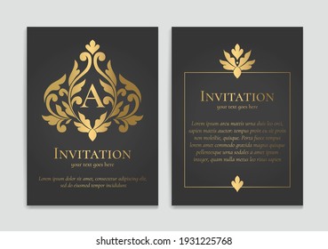 Black and gold vector greeting card with luxury frame template. Great for invitation, flyer, menu, brochure, monogram, background, wallpaper, decoration, packaging or any desired idea.