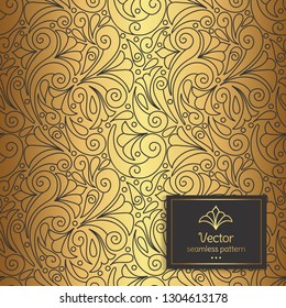 Black and gold vector leaf seamless pattern. Vintage ornament. Paisley elements. Great for fabric and textile, wallpaper, packaging or any desired idea.