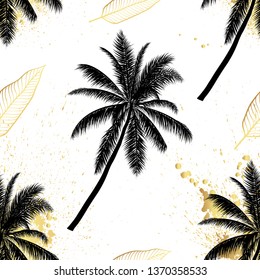 Black and gold vector palm trees. Hand drawn seamless pattern. Summer  tropical palm tree leaves seamless pattern. Abstract nature background