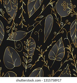 Black and gold vector seamless pattern with leaves and berries in art deco style. Repeating floral wallpaper. Illustration with abstract plants. Texture design for surface, fabric, textile.