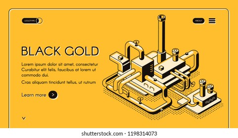 Black gold vector web template or banner with oil refinery plant line art isometric illustration on yellow background. Petroleum production or petrochemical company landing page. Oil industry concept