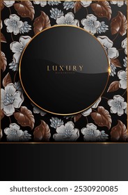 Fondo floral de Antiguas negro y oro, diseño de círculo con composición de Vertical, para la marca, texto personalizado en anuncios, Sitios web, Anuncios, obras de arte de Vector, no AI generado