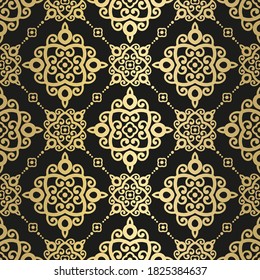 Black and gold vintage seamless pattern with ornamental stripes. Traditional oriental motifs. Ornament template. Decorative paisley elements. Great for fabric and textile.