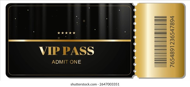 Black and gold VIP pass with elegant design featuring five stars and glowing particles. Perfect for exclusive events, premium access, luxury parties, and special admissions. Vector