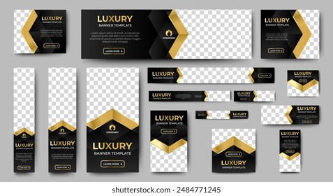 Black and gold web ad banner template with photo place. luxury banner. vector