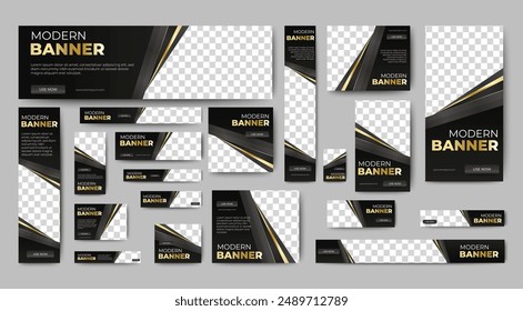 Black and gold web ad banner template with photo place. luxury banner. vector
