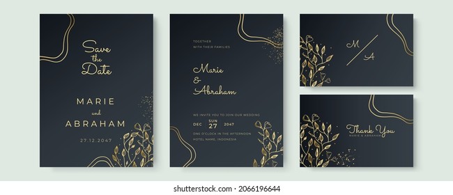 Black and gold wedding invitation template card set. Floral border card pattern in sketch style on white background - hand drawn exotic blooms of golden foliage line art floral. Vector illustration