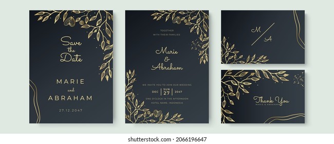 Black and gold wedding invitation template card set. Floral border card pattern in sketch style on white background - hand drawn exotic blooms of golden foliage line art floral. Vector illustration