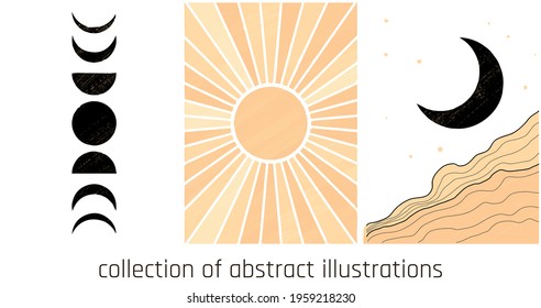 black gold and white abstract illustrations of moon and sun with rough textures