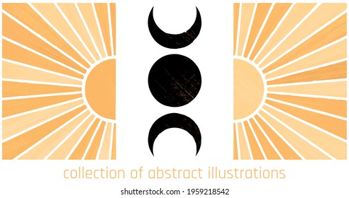 black gold and white abstract illustrations of moon and sun with rough textures