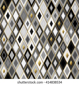 Black, gold and white abstract textured geometric seamless pattern with golden outline. Symmetric monochrome vector textile backdrop. Ordered rhombs.