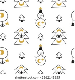 Black, gold and white Christmas seamless pattern with fir trees, snowmans, third eye, moon and stars. Celestial New year background.