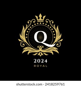 Black Gold White Luxury Royal Crown Logo, with letter q