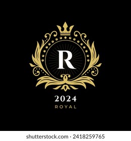 Black Gold White Luxury Royal Crown Logo, with letter r